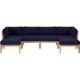 Clearwater Outdoor 6 Piece Sectional Sofa in Gray Teak & Navy Blue Fabric