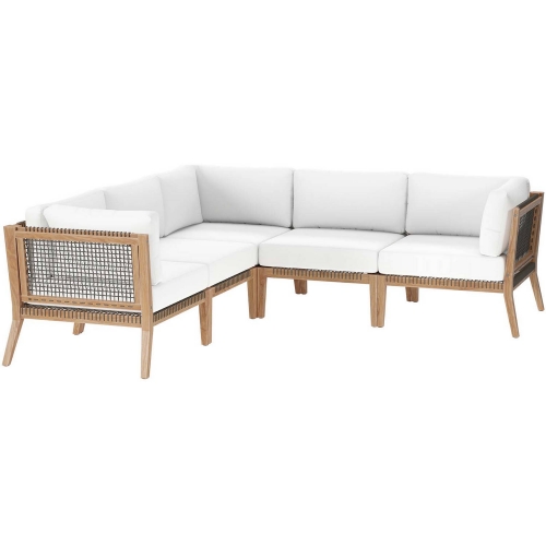 Clearwater Outdoor 5 Piece Sectional Sofa in Gray Teak & White Fabric