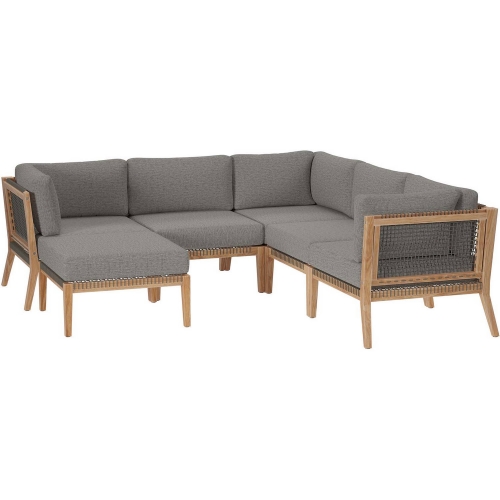 Clearwater Outdoor 6 Piece Sectional Sofa in Gray Teak & Graphite Fabric