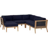 Clearwater Outdoor 6 Piece Sectional Sofa in Gray Teak & Navy Blue Fabric