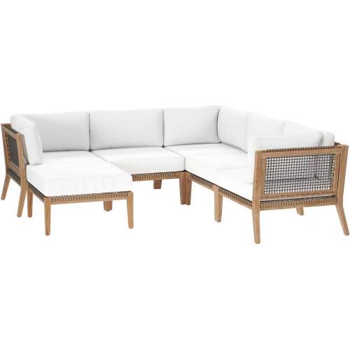 Clearwater Outdoor 6 Piece Sectional Sofa in Gray Teak & White Fabric