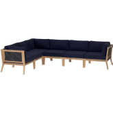 Clearwater Outdoor 6 Piece Sectional Sofa in Gray Teak & Navy Blue Fabric