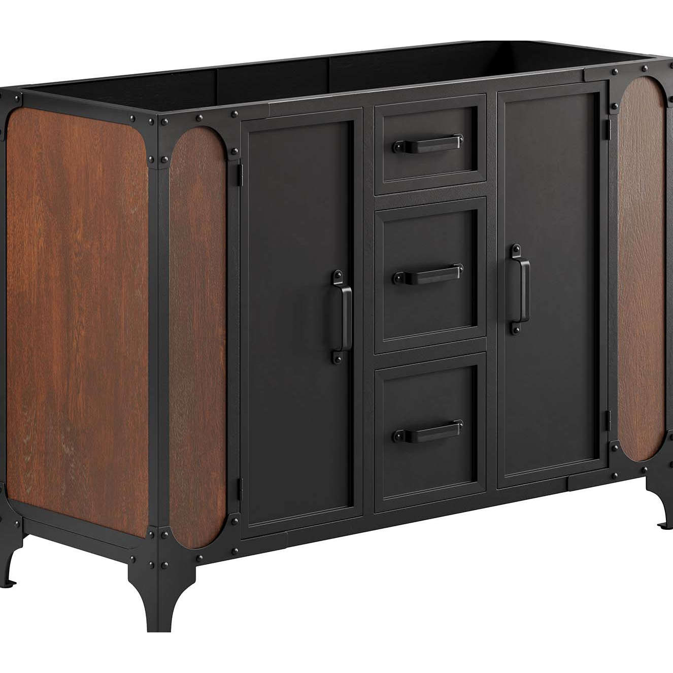 Steamforge 48" Bathroom Vanity Cabinet (Sink Not Included) in Walnut Finish & Black Metal