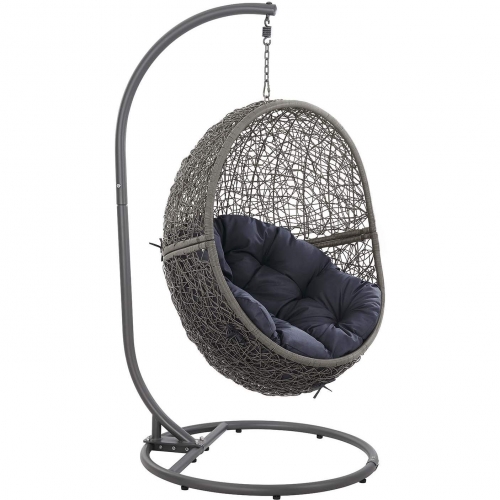 Encase Outdoor Swing Chair in Gray PE Rattan & Navy Blue Fabric