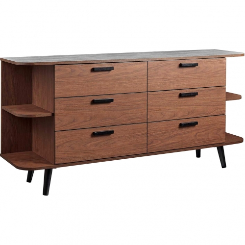 Langston Open Display Sideboard in Walnut Finish & Gray Stone Like Top