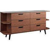 Langston Open Display Sideboard in Walnut Finish & Gray Stone Like Top