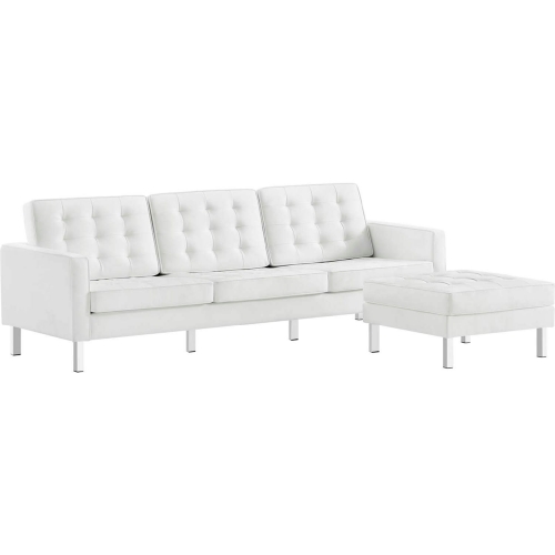 Loft Sofa & Ottoman Set in Tufted White Vegan Leather & Silver