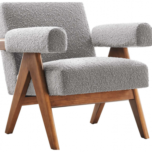 Lyra Accent Arm Chair in Light Gray Boucle Fabric & Wood