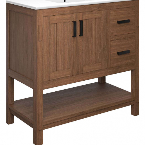 Ashlyn 36" Bathroom Vanity in Walnut Finish Wood & White Ceramic