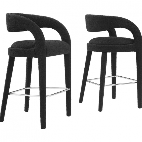 Pinnacle Bar Stool in Black Boucle Fabric & Silver Metal (Set of 2)