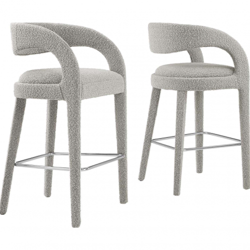 Pinnacle Bar Stool in Taupe Boucle Fabric & Silver Metal (Set of 2)