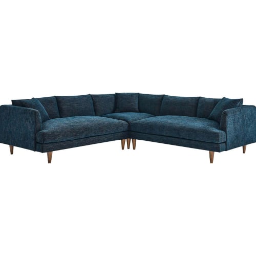 Zoya Down Filled Overstuffed 3 Piece Sectional Sofa in Azure Blue Fabric