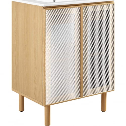 Calla 24" Bathroom Vanity in White Ceramic, White Oak Finish & White Perforated Metal