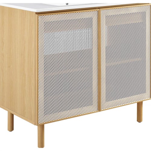 Calla 36" Bathroom Vanity in White Ceramic, White Oak Finish & White Perforated Metal