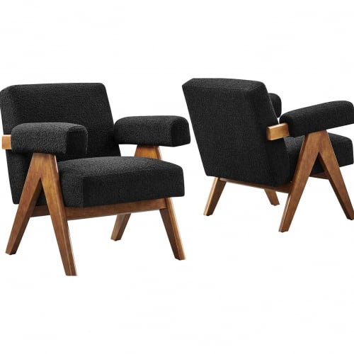 Lyra Accent Arm Chair in Black Boucle Fabric & Wood (Set of 2)