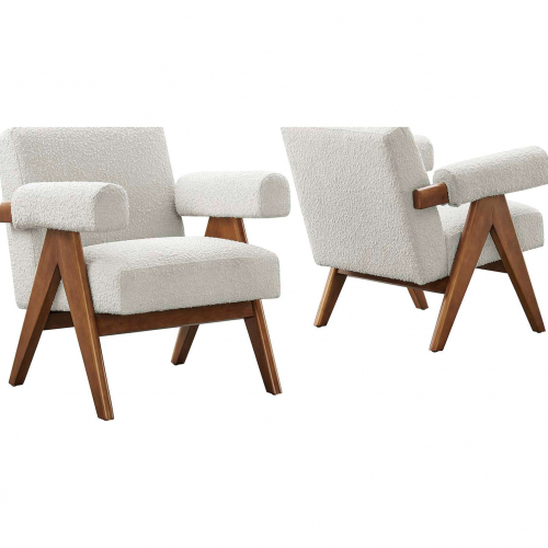 Lyra Accent Arm Chair in Ivory Boucle Fabric & Wood (Set of 2)