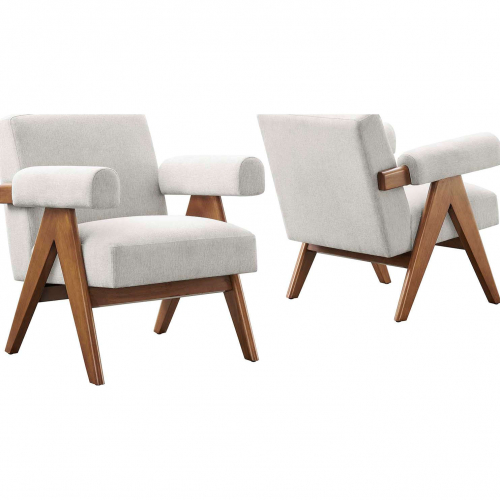 Lyra Accent Arm Chair in Ivory Fabric & Wood (Set of 2)