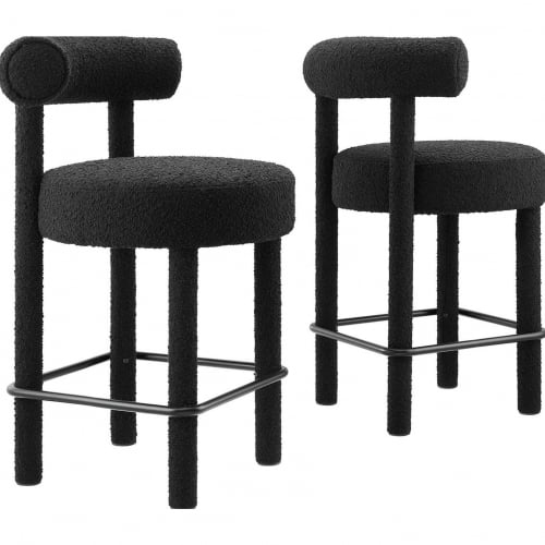 Toulouse Counter Stool in Black Boucle Fabric & Black Metal (Set of 2)