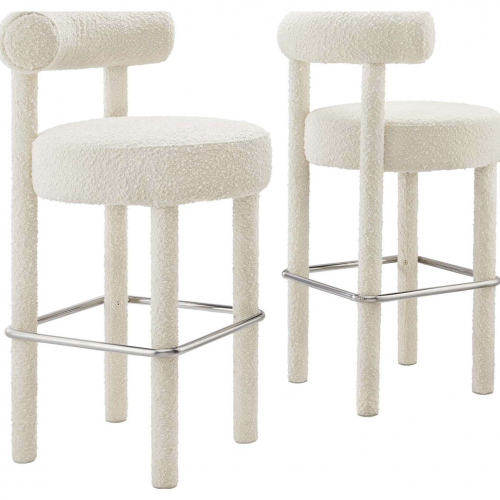 Toulouse Bar Stool in Ivory Boucle Fabric & Silver Metal (Set of 2)