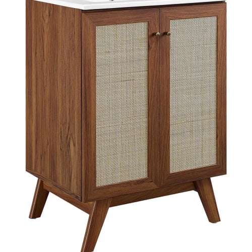 Soma 24" Bathroom Vanity in Walnut, Rattan & White Ceramic