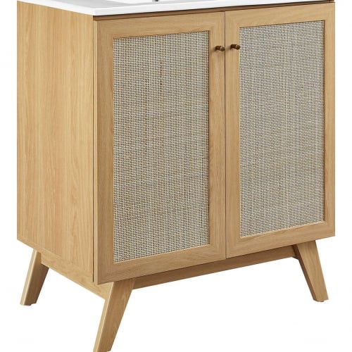 Soma 30" Bathroom Vanity in Oak, Rattan & White Ceramic