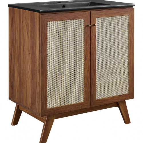 Soma 30" Bathroom Vanity in Walnut, Rattan & Black Ceramic