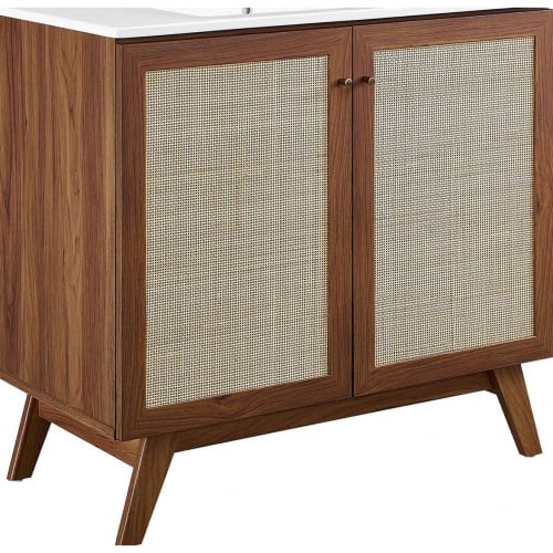 Soma 36" Bathroom Vanity in Walnut, Rattan & White Ceramic