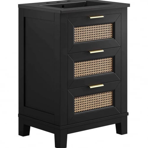 Dixie 24" Bathroom Vanity Cabinet in Black, Rattan & Black Ceramic