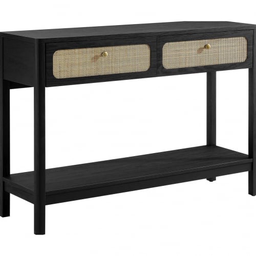 Chaucer Entryway Console Table in Black Wood Grain & Rattan