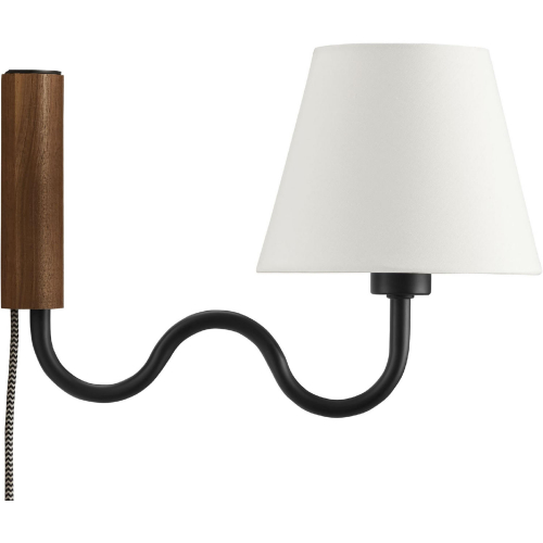 Sunlit Squiggle Arm Wall Sconce in Walnut Finish Wood, Black Metal & White Fabric