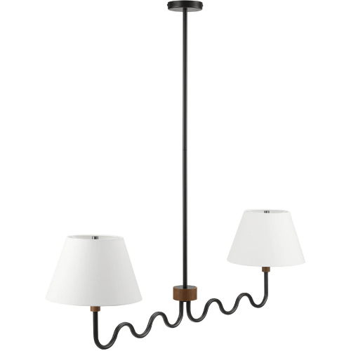 Sunlit Squiggle 2 Arm Ceiling Pendant Light in Walnut Finish, Black Metal & White Fabric