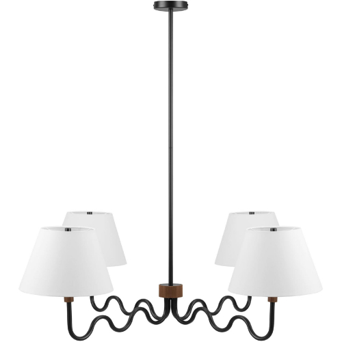 Sunlit Squiggle 4 Arm Ceiling Pendant Light in Walnut Finish, Black Metal & White Fabric