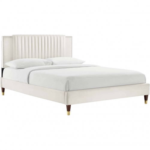 Zahra Queen Platform Bed in Channel Tufted White Velvet & Wood