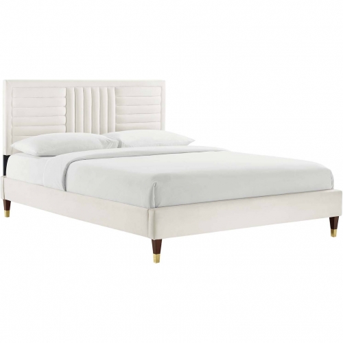 Sofia Queen Platform Bed in Channel Tufted White Velvet & Wood