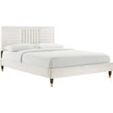 Sofia Queen Platform Bed in Channel Tufted White Velvet & Wood