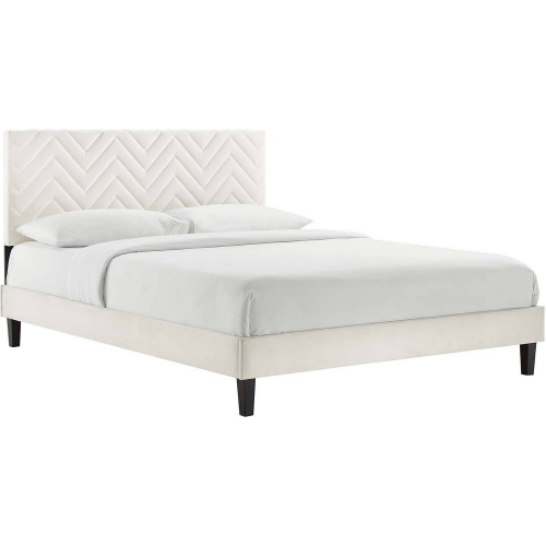 Leah Queen Platform Bed in Chevron Tufted White Velvet