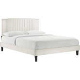 Zahra Full Platform Bed in Channel Tufted White Velvet & Black