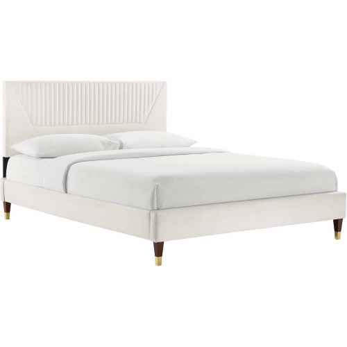 Yasmine King Platform Bed in Channel Tufted White Velvet & Wood