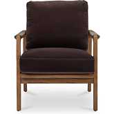 Fearne Accent Chair in in Dark Brown Fabric & Aged Oak Wood