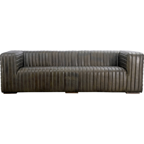 Castle Sofa in Vertical Channel Tufted Olive Green Top Grain Leather