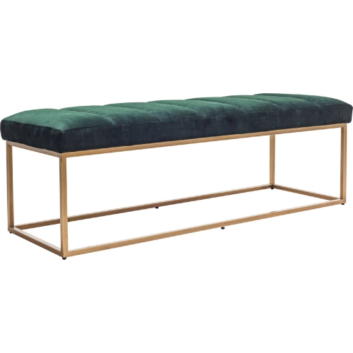 Katie Bench in Channel Tufted Dark Green Fabric & Brass