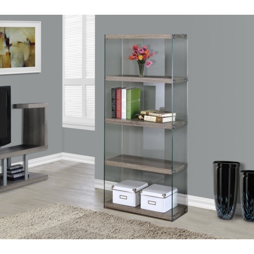 Dark Taupe Reclaimed Look 4 Shelf w/ Tempered Glass Sides Bookcase