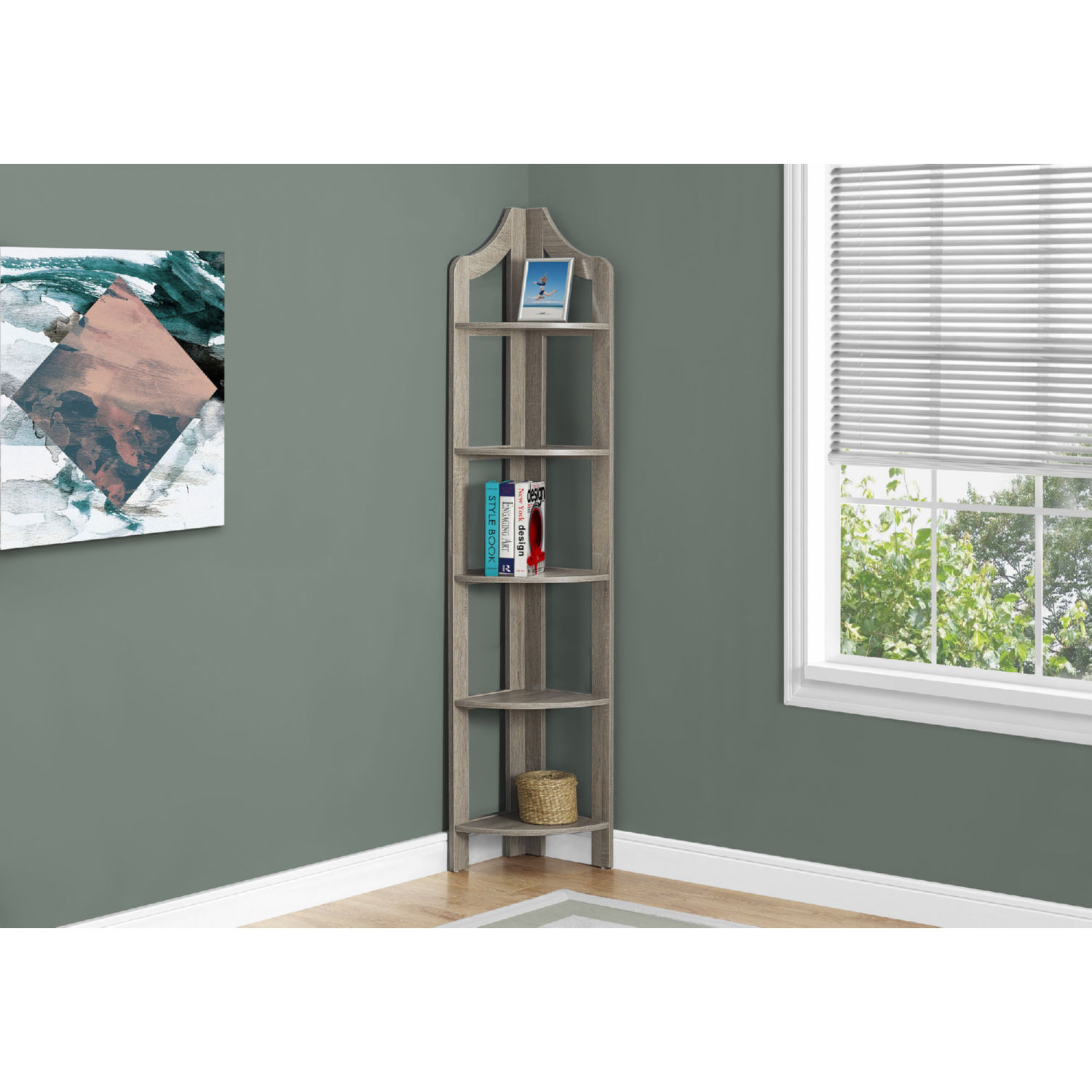 72 H Bookcase Corner Accent Etagere In Dark Taupe By Monarch Specialties