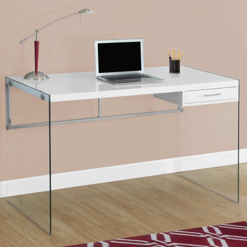 48" Computer Desk in Glossy White & Tempered Glass