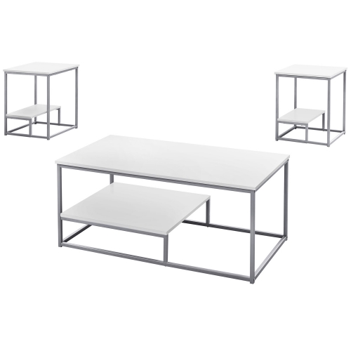 3 Piece Table Set - Coffee & 2 End Tables in White & Silver