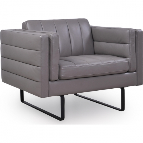 Orson Top Grain Leather Arm Chair in Channel Tufted Storm Grey