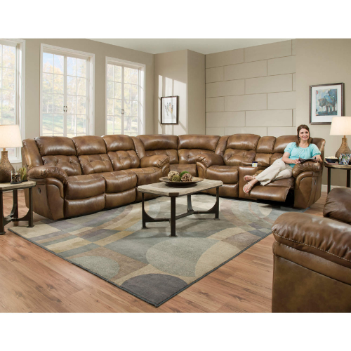 Denver Power Reclining Console Sectional Sofa in Tufted Saddle Brown Top Grain Leather