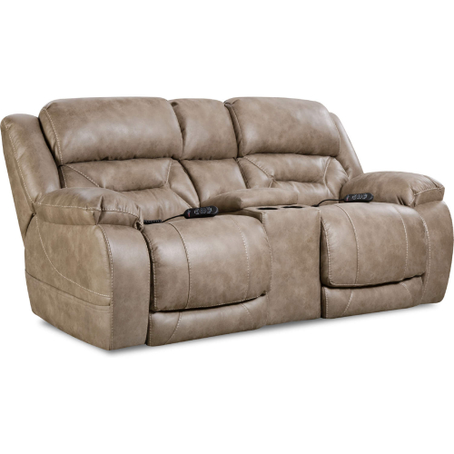 Greer Power Reclining Console Loveseat in Mushroom Tan Leatherette