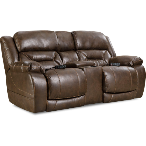 Greer Power Reclining Console Loveseat in Walnut Brown Leatherette