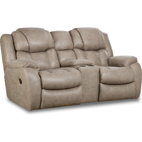 Rayna Reclining Console Loveseat in Quilted Mushroom Tan Leatherette